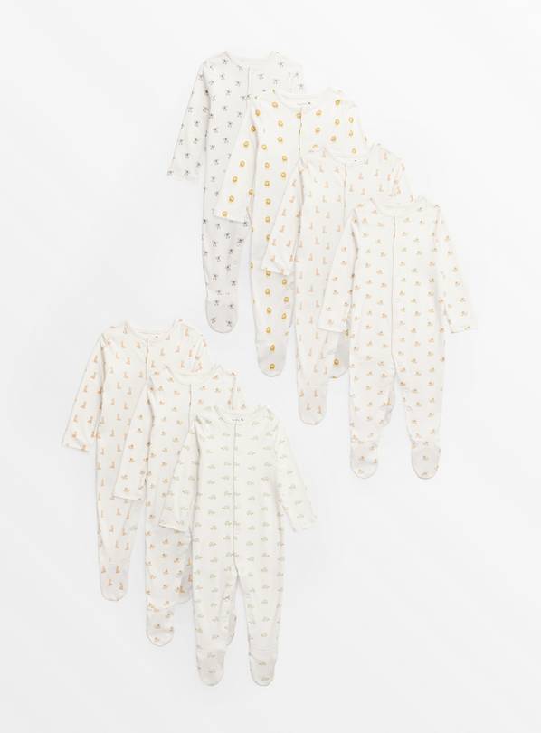 White Long Sleeve Animal Print Sleepsuits 7 Pack 9-12 months